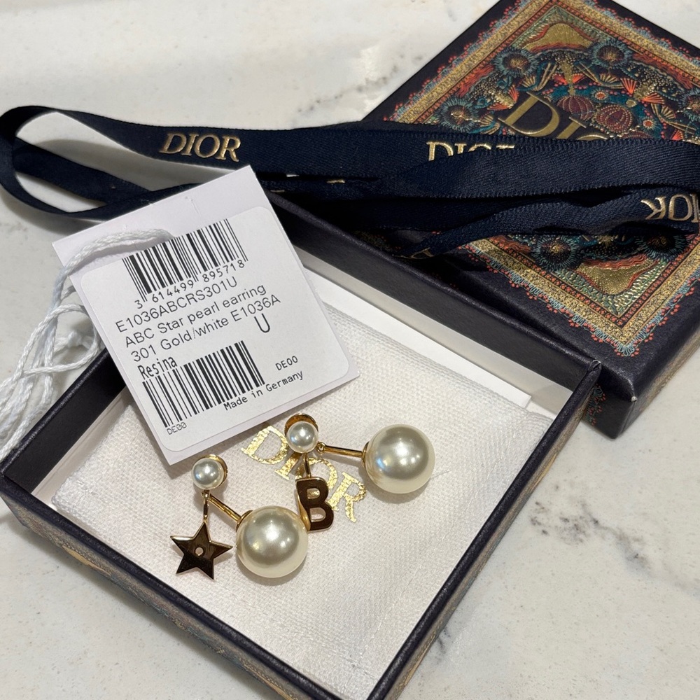 Dior Gold and White Pearl Star Earrings